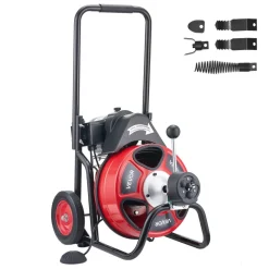 VEVOR Drain Cleaner Machine 100 FT x 1/2 Inch, Auto Feed Sewer Snake Auger on Wheels, Portable Drain Cleaning Machine with 4 Cutters & Air-activated Foot Switch for 2