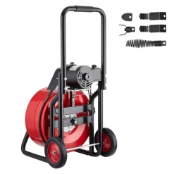 VEVOR Drain Cleaner Machine 100 FT x 3/4 Inch, Auto Feed Sewer Snake Auger on Wheels, Portable Drain Cleaning Machine with 4 Cutters & Air-activated Foot Switch for 4" to 8" Pipes