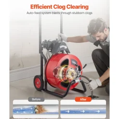 VEVOR Drain Cleaner Machine 100 FT x 3/4 Inch, Auto Feed Sewer Snake Auger on Wheels, Portable Drain Cleaning Machine with 4 Cutters & Air-activated Foot Switch for 4