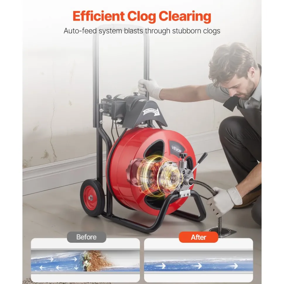 VEVOR Drain Cleaner Machine 100 FT x 3/4 Inch, Auto Feed Sewer Snake Auger on Wheels, Portable Drain Cleaning Machine with 4 Cutters & Air-activated Foot Switch for 4" to 8" Pipes
