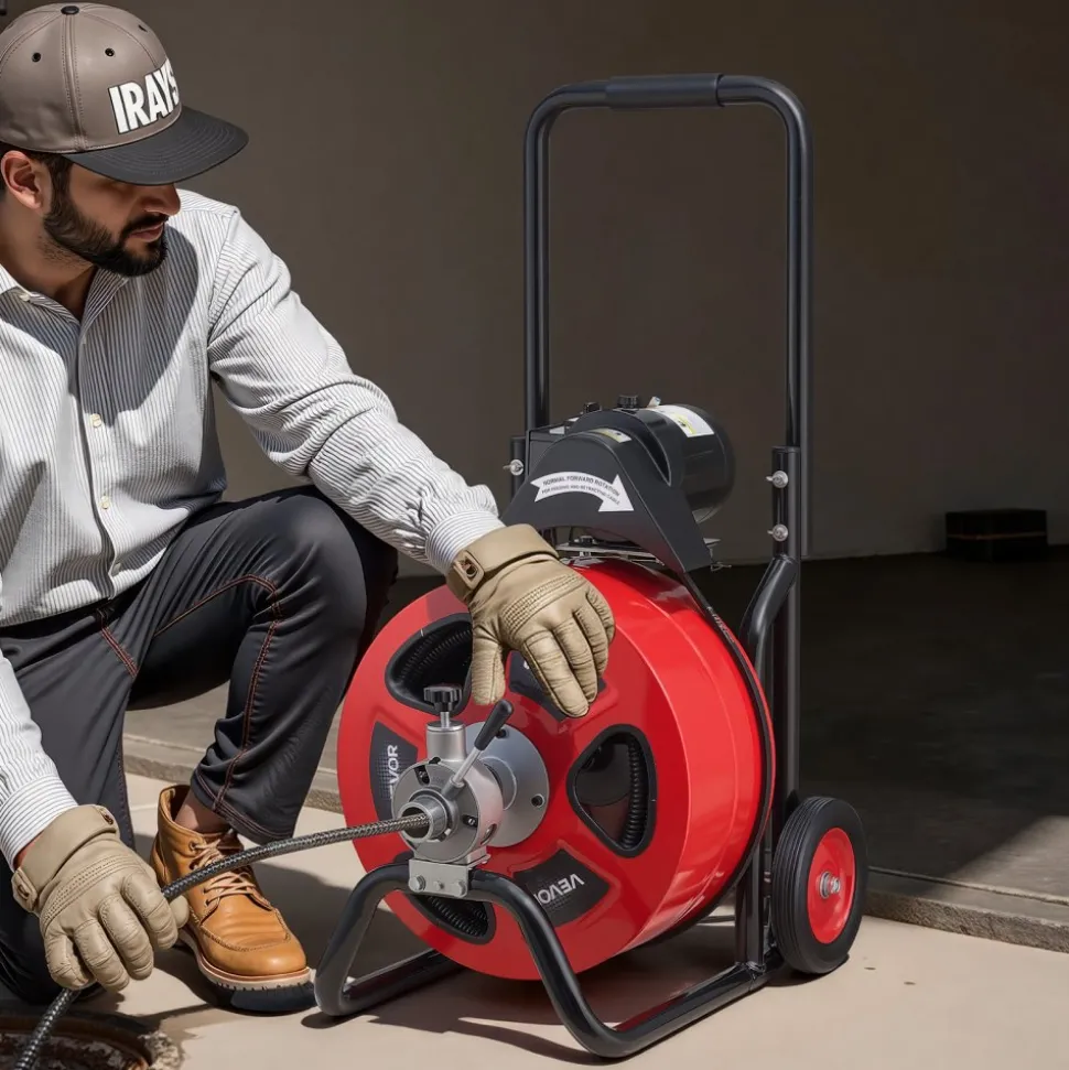 VEVOR Drain Cleaner Machine 100 FT x 3/4 Inch, Auto Feed Sewer Snake Auger on Wheels, Portable Drain Cleaning Machine with 4 Cutters & Air-activated Foot Switch for 4" to 8" Pipes