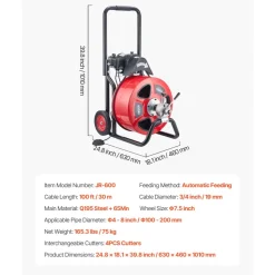 VEVOR Drain Cleaner Machine 100 FT x 3/4 Inch, Auto Feed Sewer Snake Auger on Wheels, Portable Drain Cleaning Machine with 4 Cutters & Air-activated Foot Switch for 4