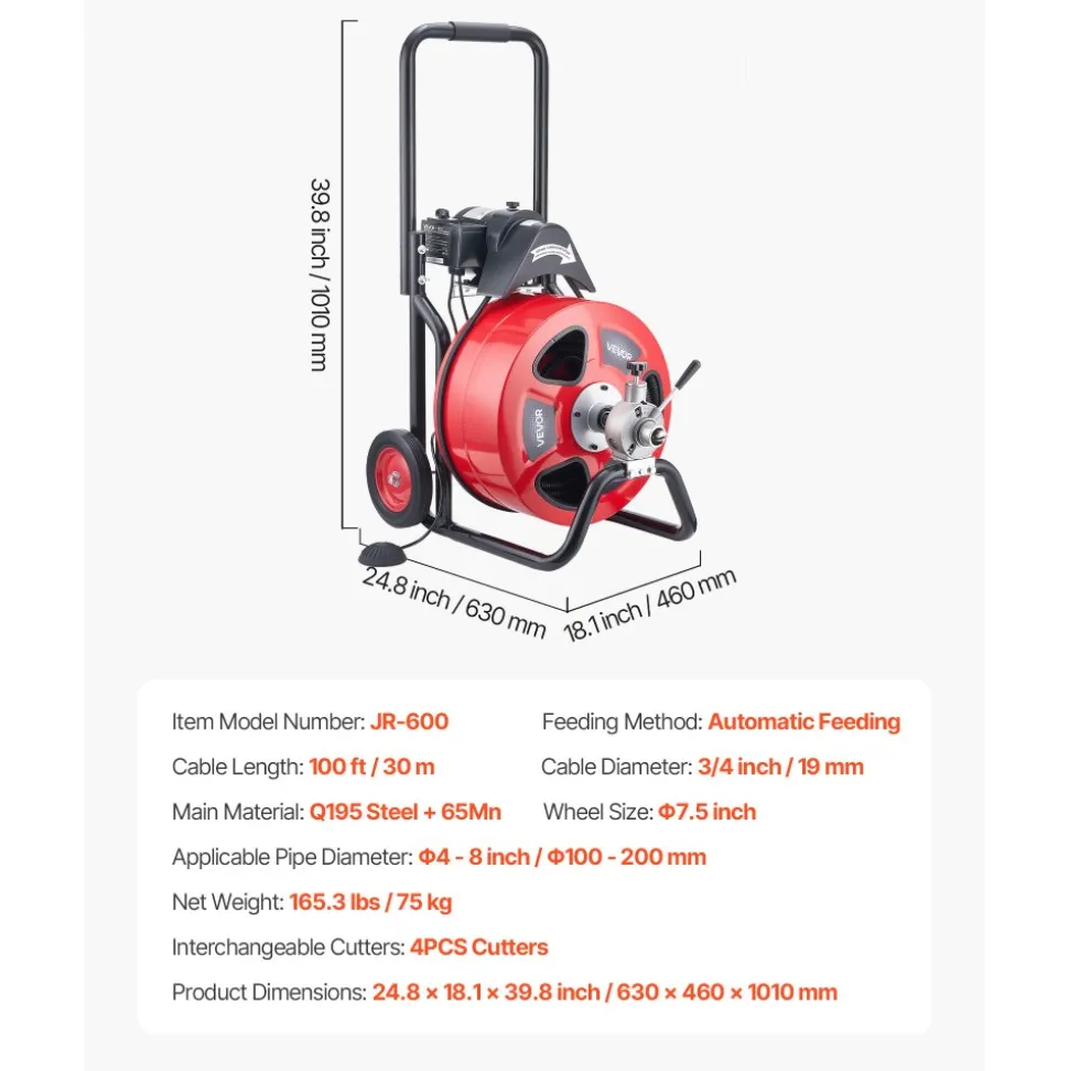 VEVOR Drain Cleaner Machine 100 FT x 3/4 Inch, Auto Feed Sewer Snake Auger on Wheels, Portable Drain Cleaning Machine with 4 Cutters & Air-activated Foot Switch for 4" to 8" Pipes