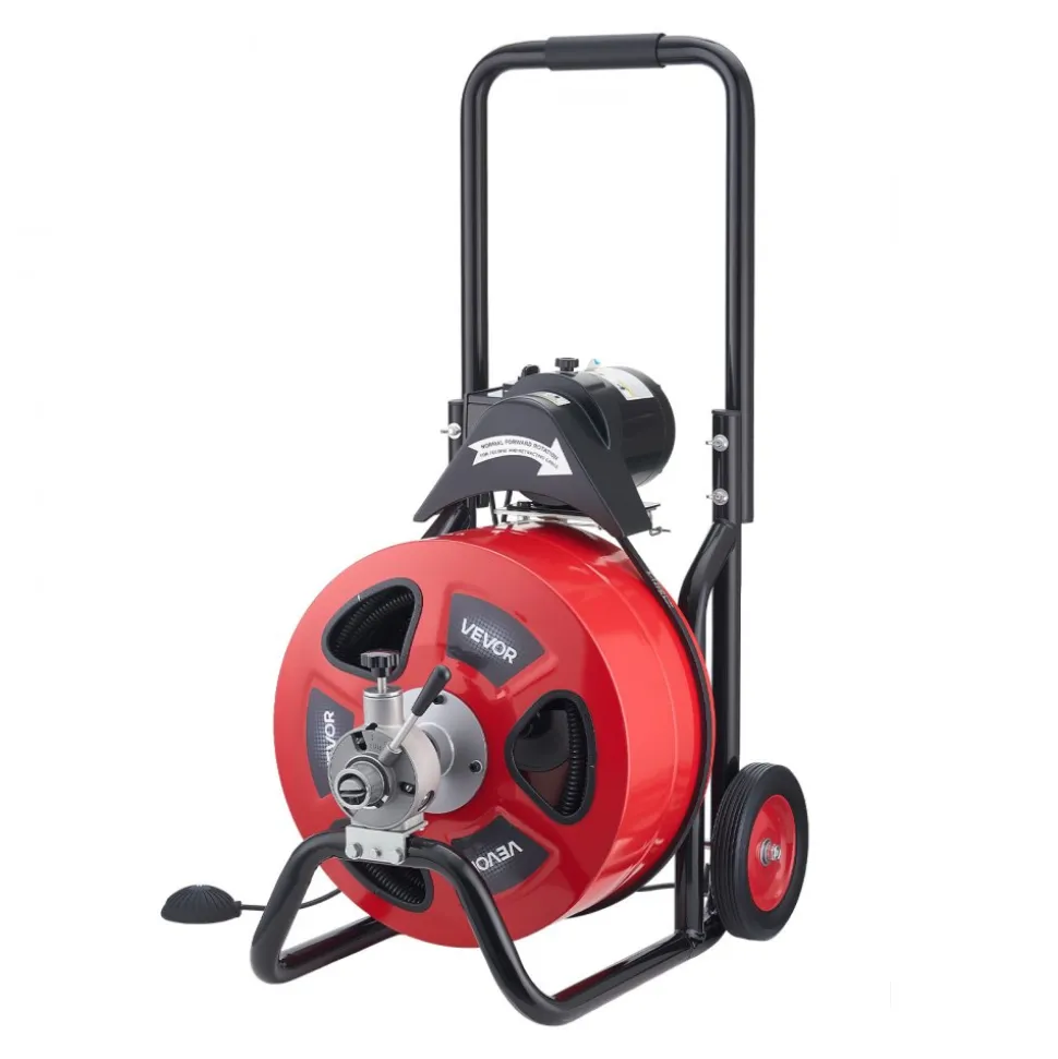 VEVOR Drain Cleaner Machine 100 FT x 3/4 Inch, Auto Feed Sewer Snake Auger on Wheels, Portable Drain Cleaning Machine with 4 Cutters & Air-activated Foot Switch for 4" to 8" Pipes