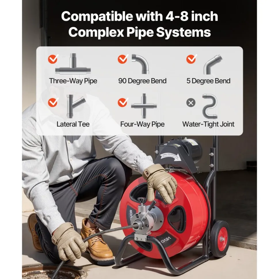 VEVOR Drain Cleaner Machine 100 FT x 3/4 Inch, Auto Feed Sewer Snake Auger on Wheels, Portable Drain Cleaning Machine with 4 Cutters & Air-activated Foot Switch for 4" to 8" Pipes
