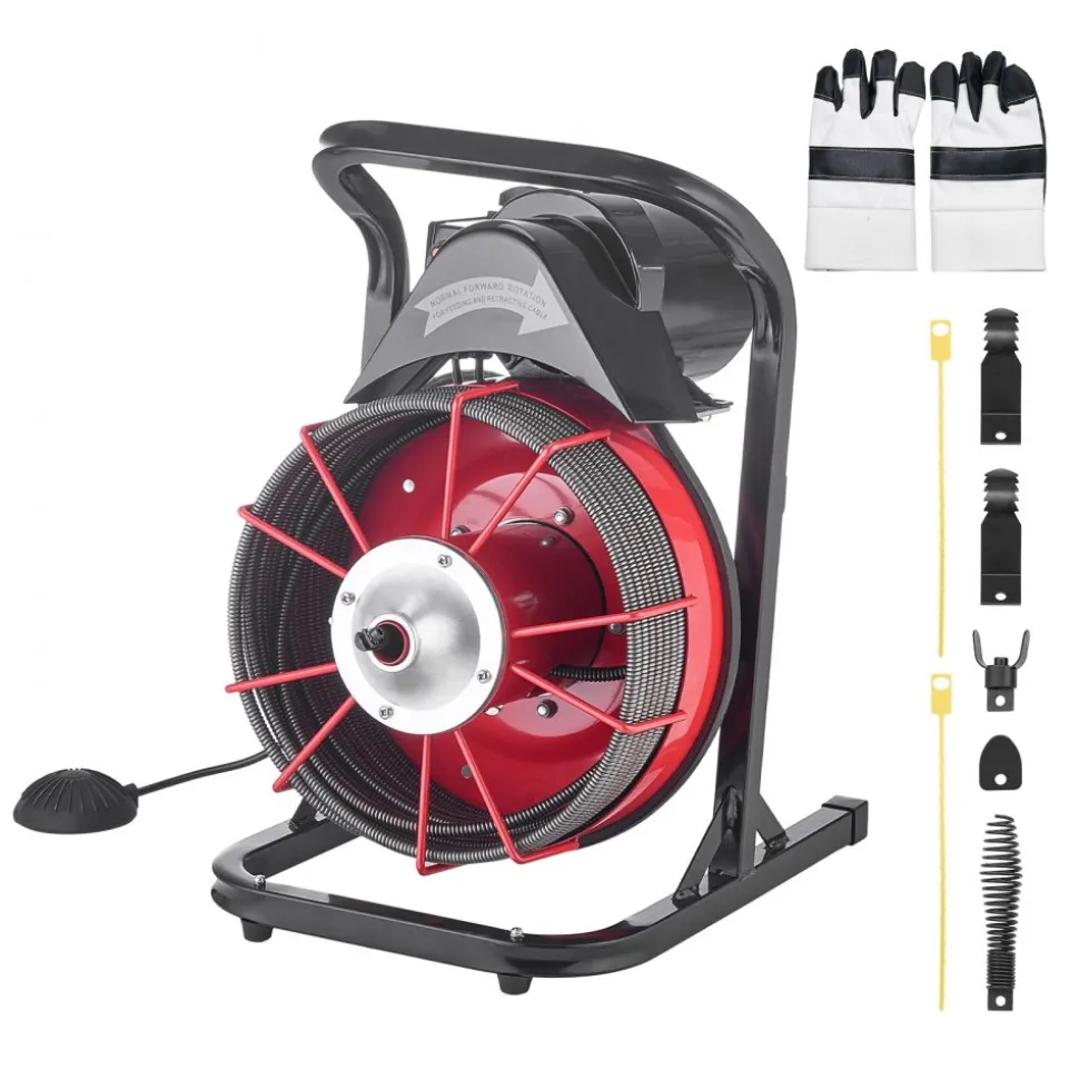 VEVOR Drain Cleaner Machine 75 FT x 3/8 Inch, Sewer Snake Auger Manual Feed with 4 Cutters & Air-activated Foot Switch for 2" to 4" Pipes