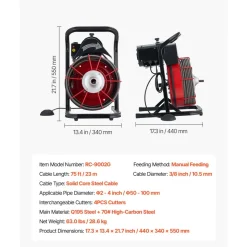 VEVOR Drain Cleaner Machine 75 FT x 3/8 Inch, Sewer Snake Auger Manual Feed with 4 Cutters & Air-activated Foot Switch for 2
