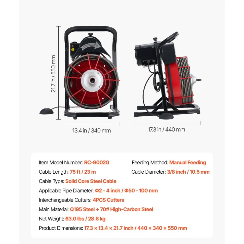 VEVOR Drain Cleaner Machine 75 FT x 3/8 Inch, Sewer Snake Auger Manual Feed with 4 Cutters & Air-activated Foot Switch for 2" to 4" Pipes
