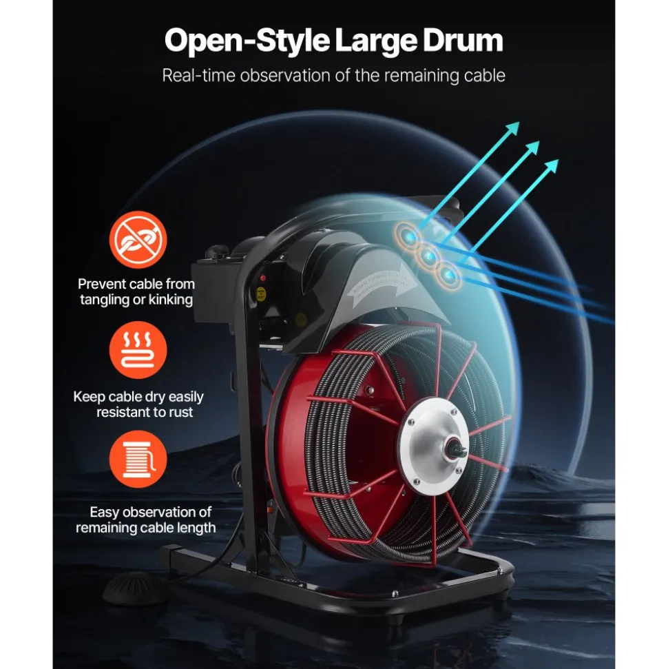 VEVOR Drain Cleaner Machine 75 FT x 3/8 Inch, Sewer Snake Auger Manual Feed with 4 Cutters & Air-activated Foot Switch for 2" to 4" Pipes
