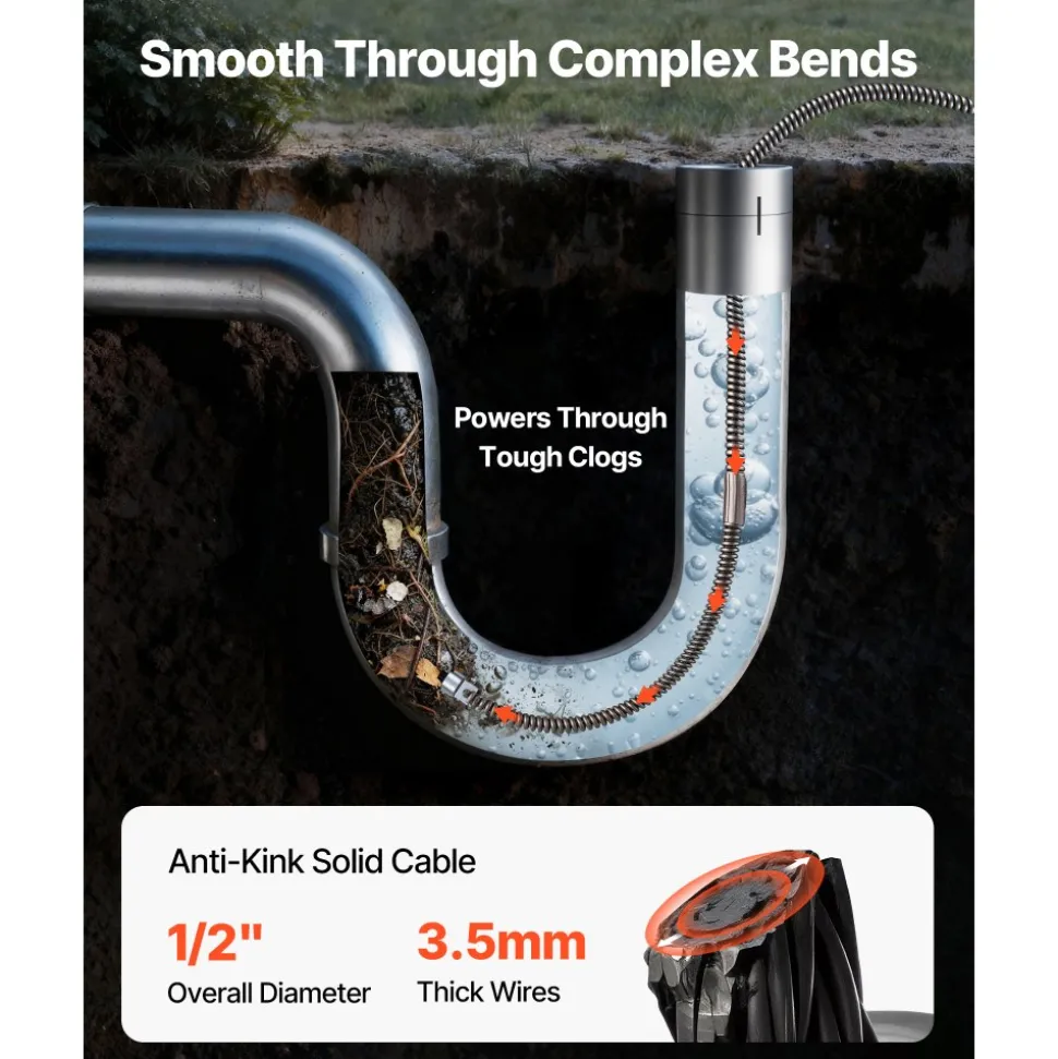 VEVOR Drain Cleaning Cable 75 Feet x 1/2 Inch Solid Core Cable Sewer Cable Drain Auger Cable Cleaner Snake Clog Pipe Drain Cleaning Cable Sewer Drain Auger Snake Pipe