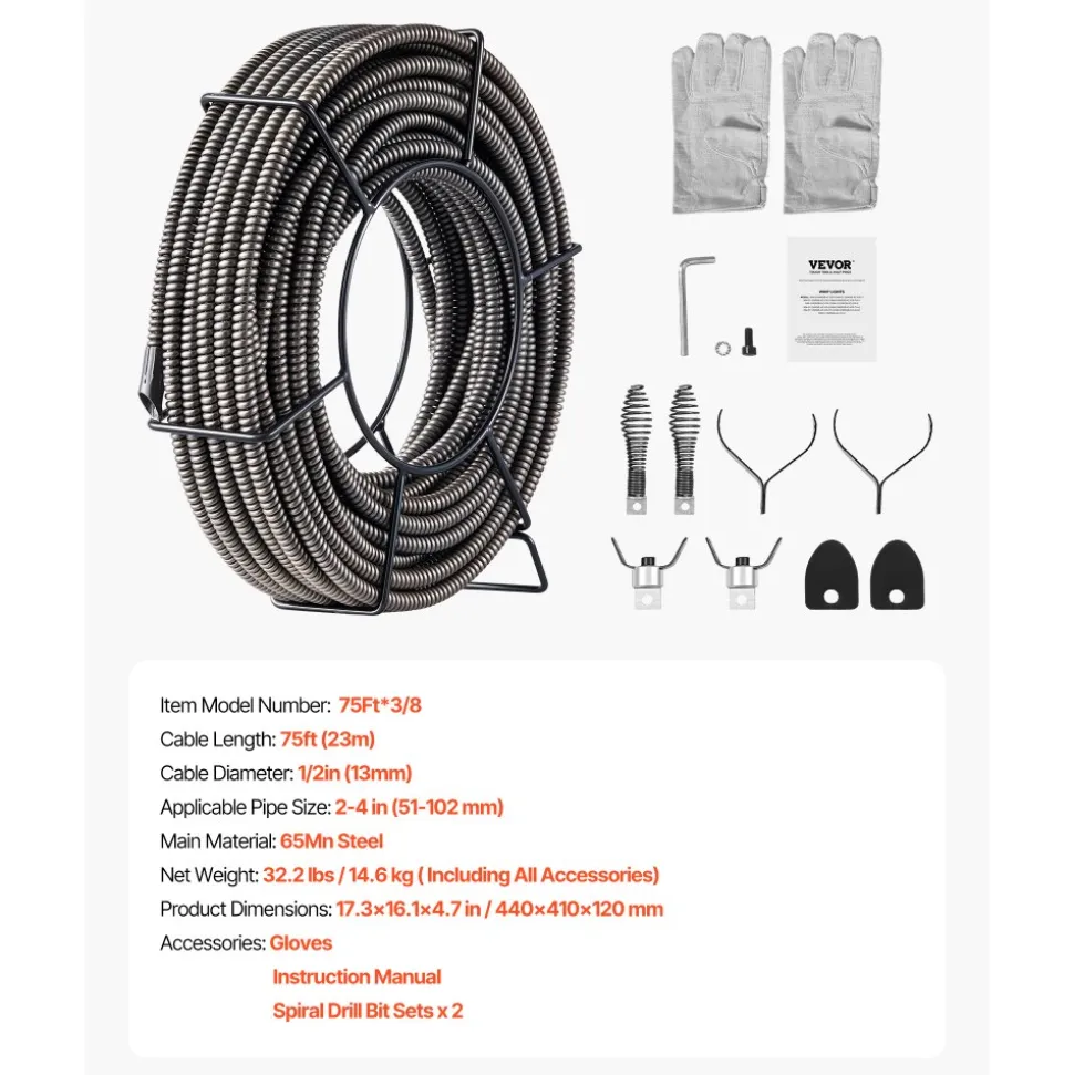 VEVOR Drain Cleaning Cable 75 Feet x 1/2 Inch Solid Core Cable Sewer Cable Drain Auger Cable Cleaner Snake Clog Pipe Drain Cleaning Cable Sewer Drain Auger Snake Pipe