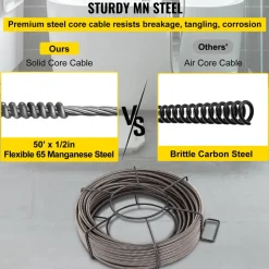 VEVOR Drain Cleaning Cable 50 Feet x 1/2 Inch Solid Core Cable Sewer Cable Drain Auger Cable Cleaner Snake Clog Pipe Drain Cleaning Cable Sewer Drain Auger Snake Pipe