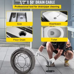 VEVOR Drain Cleaning Cable 50 Feet x 1/2 Inch Solid Core Cable Sewer Cable Drain Auger Cable Cleaner Snake Clog Pipe Drain Cleaning Cable Sewer Drain Auger Snake Pipe