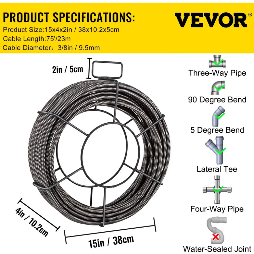 VEVOR Drain Cleaning Cable 75 Feet x 3/8 Inch Solid Core Cable Sewer Cable Drain Auger Cable Cleaner Snake Clog Pipe Drain Cleaning Cable Sewer Drain Auger Snake Pipe