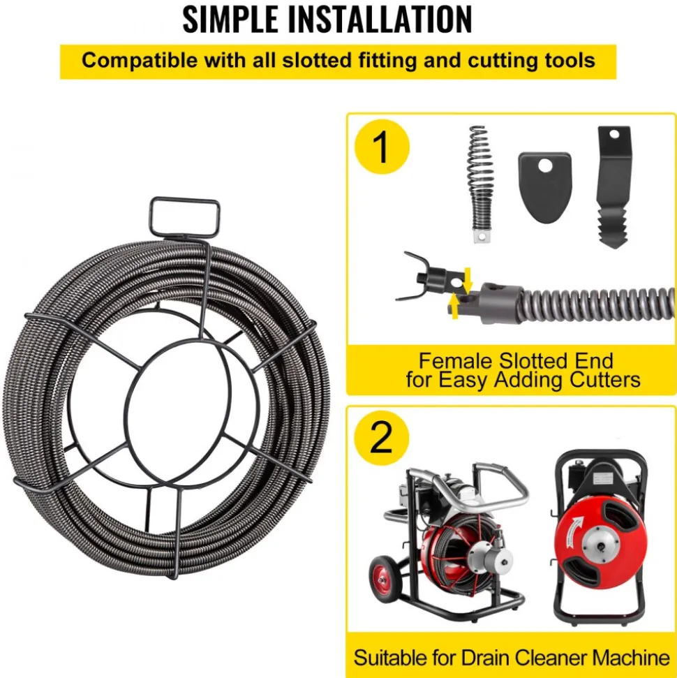 VEVOR Drain Cleaning Cable 75 Feet x 3/8 Inch Solid Core Cable Sewer Cable Drain Auger Cable Cleaner Snake Clog Pipe Drain Cleaning Cable Sewer Drain Auger Snake Pipe