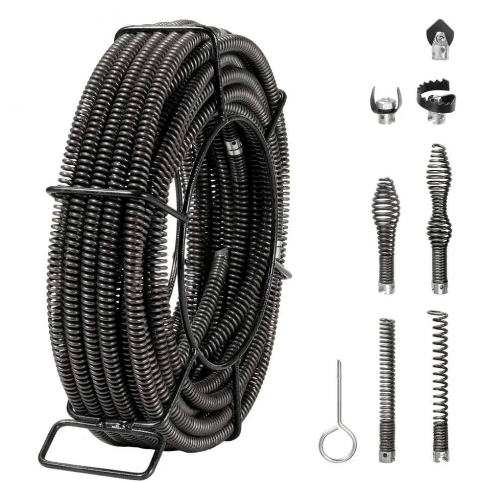 VEVOR Drain Cleaning Cable 66 FT x 5/8 Inch, Professional Sectional Drain Cleaner Cable with 7 Cutters for 0.8" to 3.9" Pipes, Hollow Core Sewer Drain Auger Cable for Sink, Floor Drain, Toilet