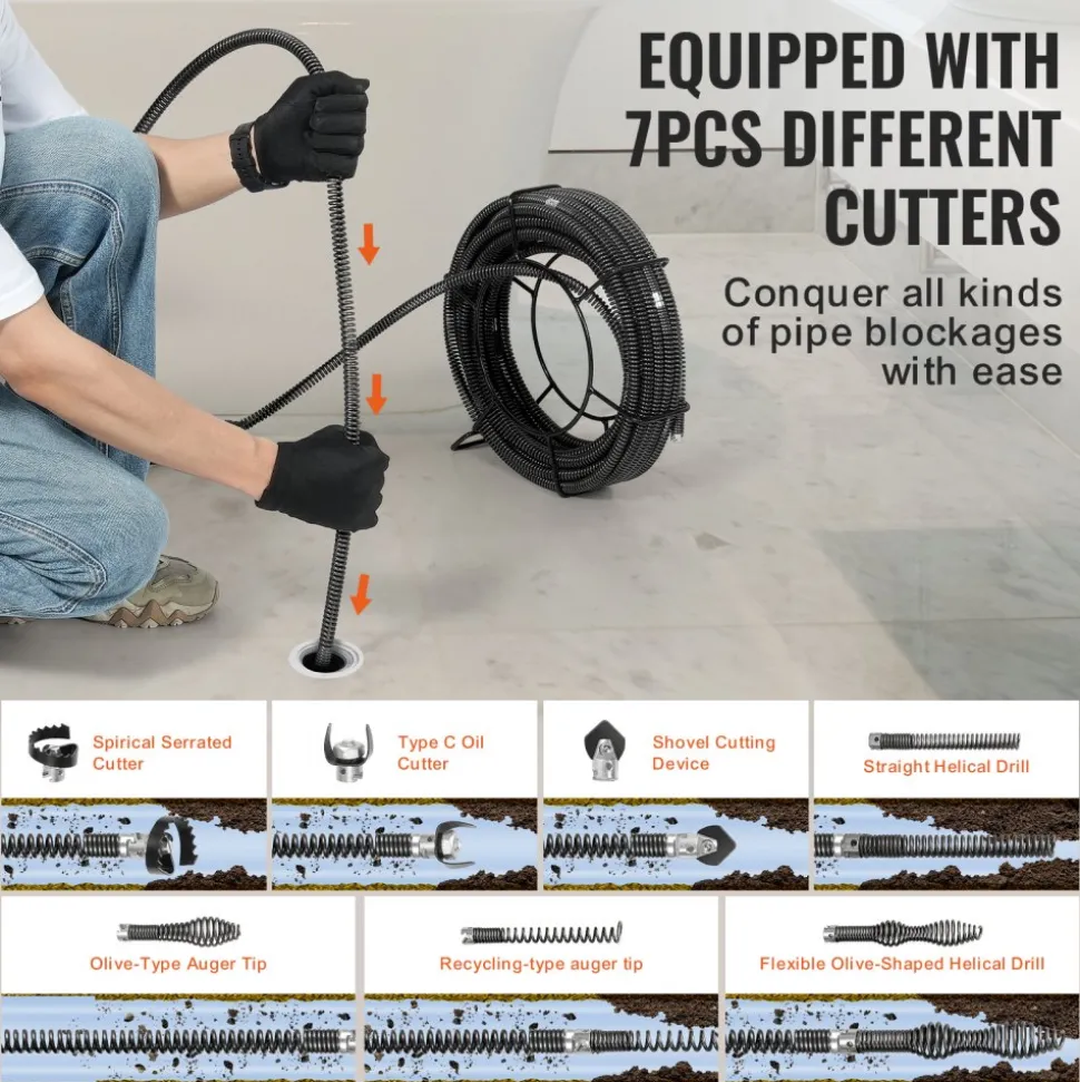VEVOR Drain Cleaning Cable 66 FT x 5/8 Inch, Professional Sectional Drain Cleaner Cable with 7 Cutters for 0.8" to 3.9" Pipes, Hollow Core Sewer Drain Auger Cable for Sink, Floor Drain, Toilet