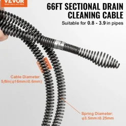 VEVOR Drain Cleaning Cable 66 FT x 5/8 Inch, Professional Sectional Drain Cleaner Cable with 7 Cutters for 0.8