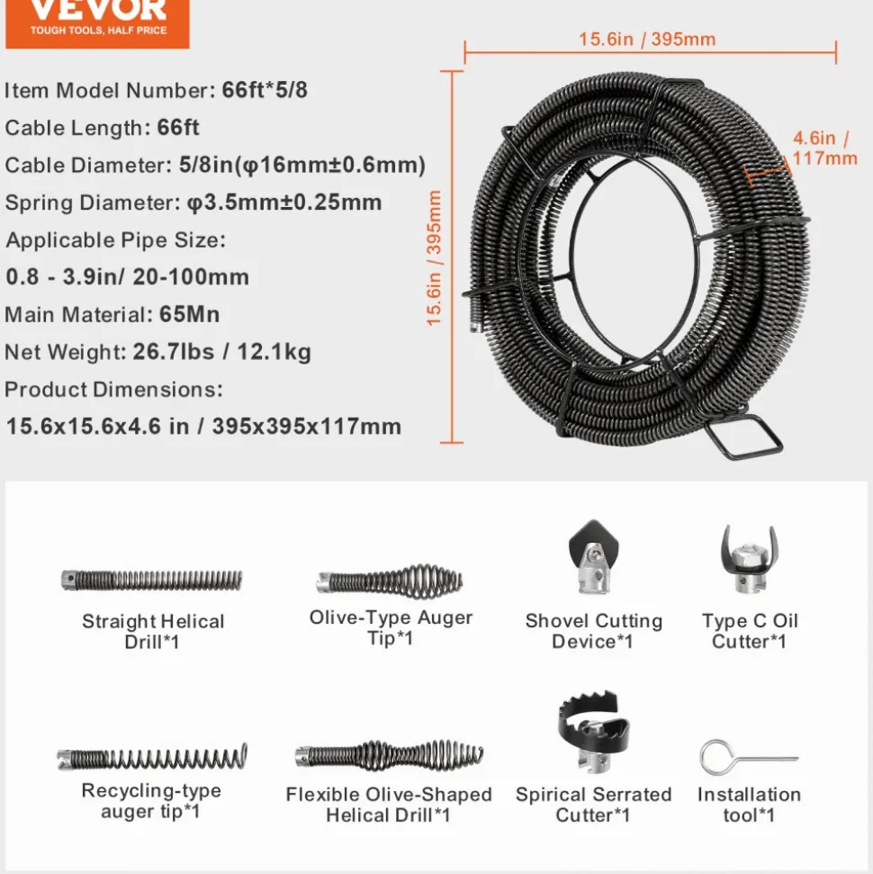 VEVOR Drain Cleaning Cable 66 FT x 5/8 Inch, Professional Sectional Drain Cleaner Cable with 7 Cutters for 0.8" to 3.9" Pipes, Hollow Core Sewer Drain Auger Cable for Sink, Floor Drain, Toilet