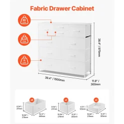 VEVOR 10 Drawer Dresser, Fabric Drawer Dresser with Fabric Bins, Closet Storage Drawers with Easy Pull Handle and Sturdy Steel Frame, Fabric Storage Tower for Bedroom, Hallway, Closet, Nursery, White