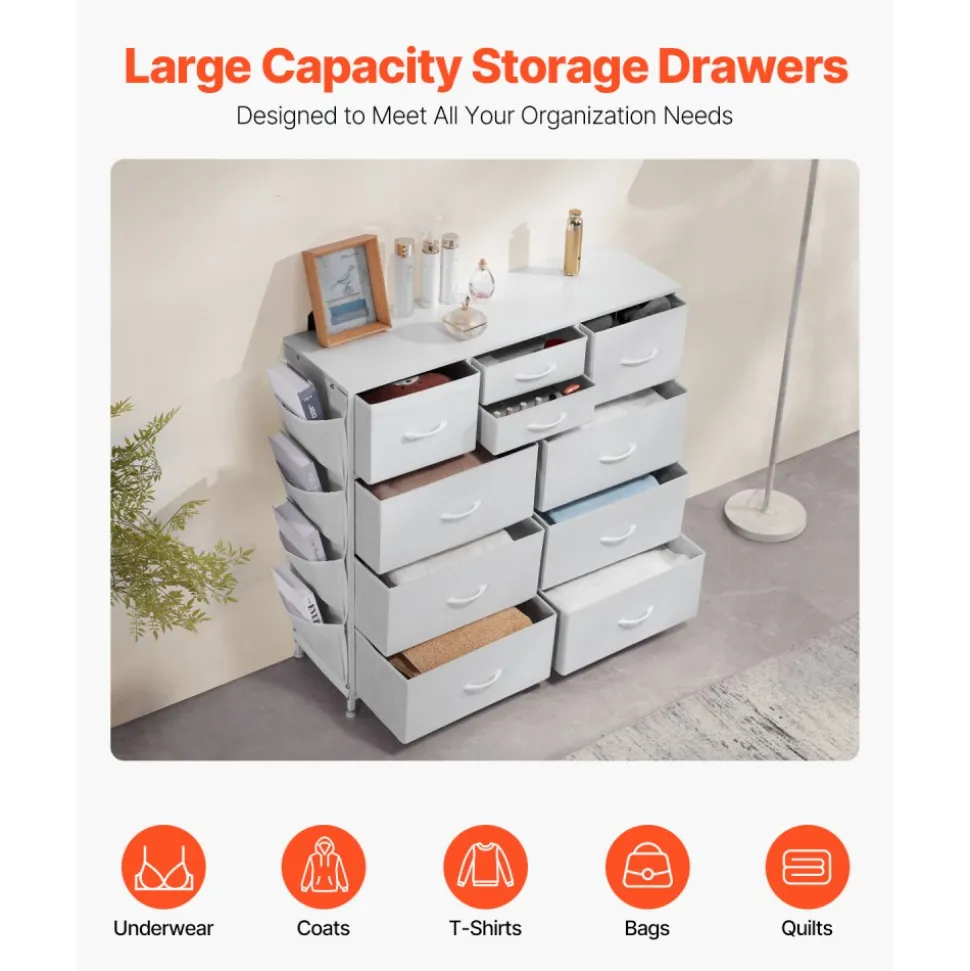 VEVOR 10 Drawer Dresser, Fabric Drawer Dresser with Fabric Bins, Closet Storage Drawers with Easy Pull Handle and Sturdy Steel Frame, Fabric Storage Tower for Bedroom, Hallway, Closet, Nursery, White