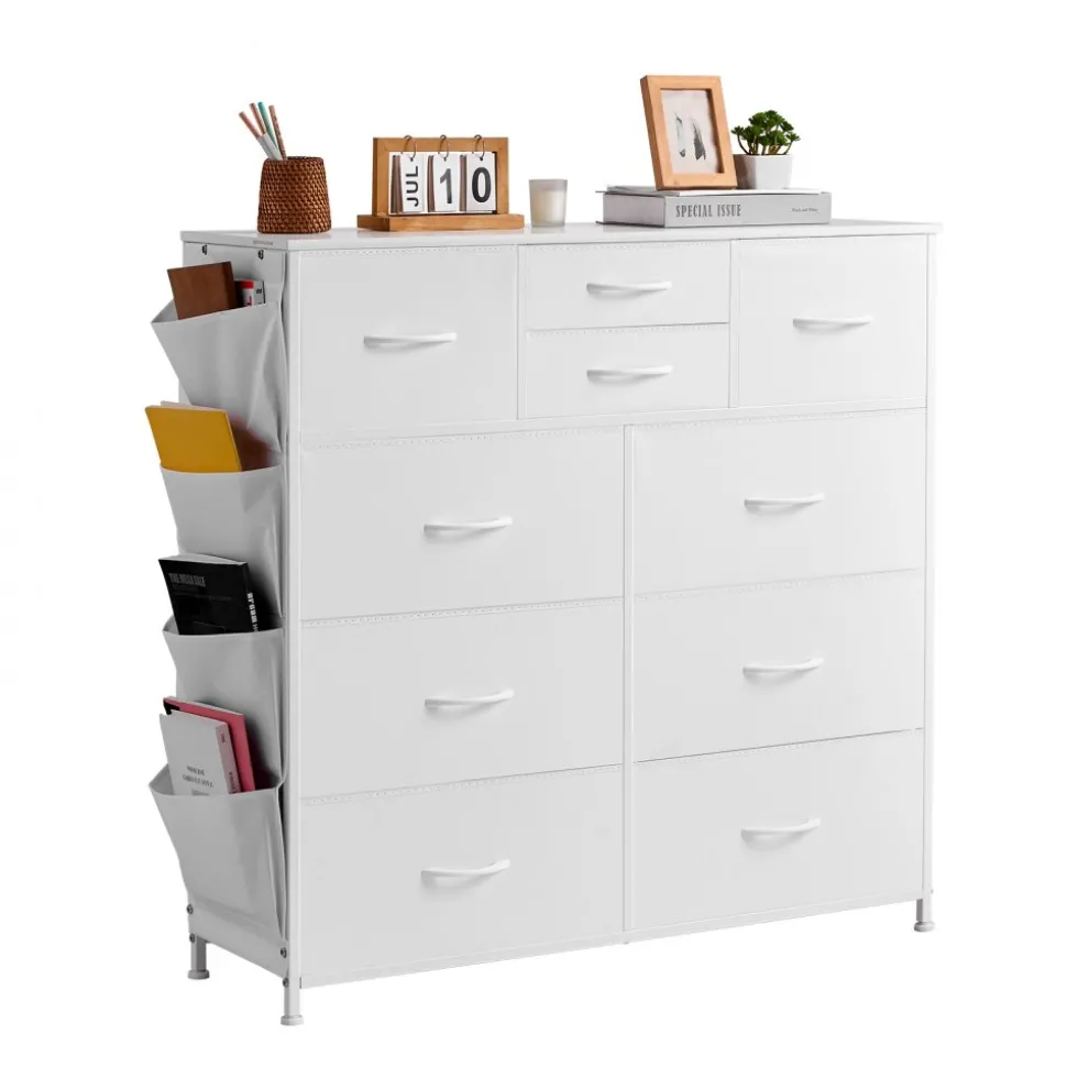 VEVOR 10 Drawer Dresser, Fabric Drawer Dresser with Fabric Bins, Closet Storage Drawers with Easy Pull Handle and Sturdy Steel Frame, Fabric Storage Tower for Bedroom, Hallway, Closet, Nursery, White