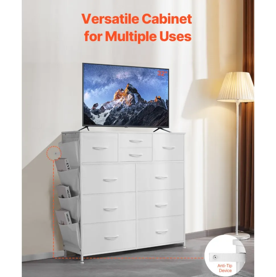 VEVOR 10 Drawer Dresser, Fabric Drawer Dresser with Fabric Bins, Closet Storage Drawers with Easy Pull Handle and Sturdy Steel Frame, Fabric Storage Tower for Bedroom, Hallway, Closet, Nursery, White