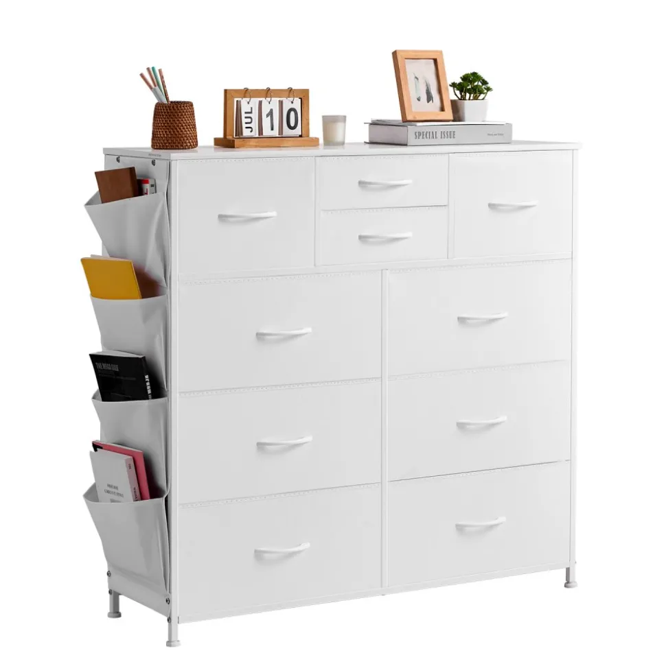 VEVOR 10 Drawer Dresser, Fabric Drawer Dresser with Fabric Bins, Closet Storage Drawers with Easy Pull Handle and Sturdy Steel Frame, Fabric Storage Tower for Bedroom, Hallway, Closet, Nursery, White
