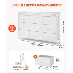 VEVOR 9 Drawer Dresser, Fabric Drawer Dresser with Fabric Bin, Storage Drawers with Sturdy Metal Frame, LED Lights & Built-in Outlet, Fabric Storage Tower for Bedroom, Hallway, White
