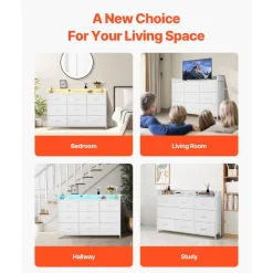 VEVOR 9 Drawer Dresser, Fabric Drawer Dresser with Fabric Bin, Storage Drawers with Sturdy Metal Frame, LED Lights & Built-in Outlet, Fabric Storage Tower for Bedroom, Hallway, White