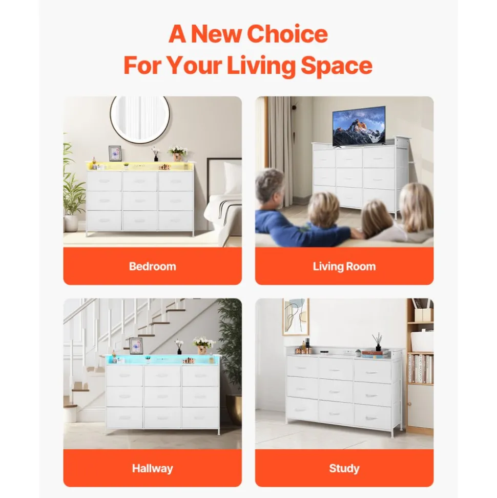 VEVOR 9 Drawer Dresser, Fabric Drawer Dresser with Fabric Bin, Storage Drawers with Sturdy Metal Frame, LED Lights & Built-in Outlet, Fabric Storage Tower for Bedroom, Hallway, White