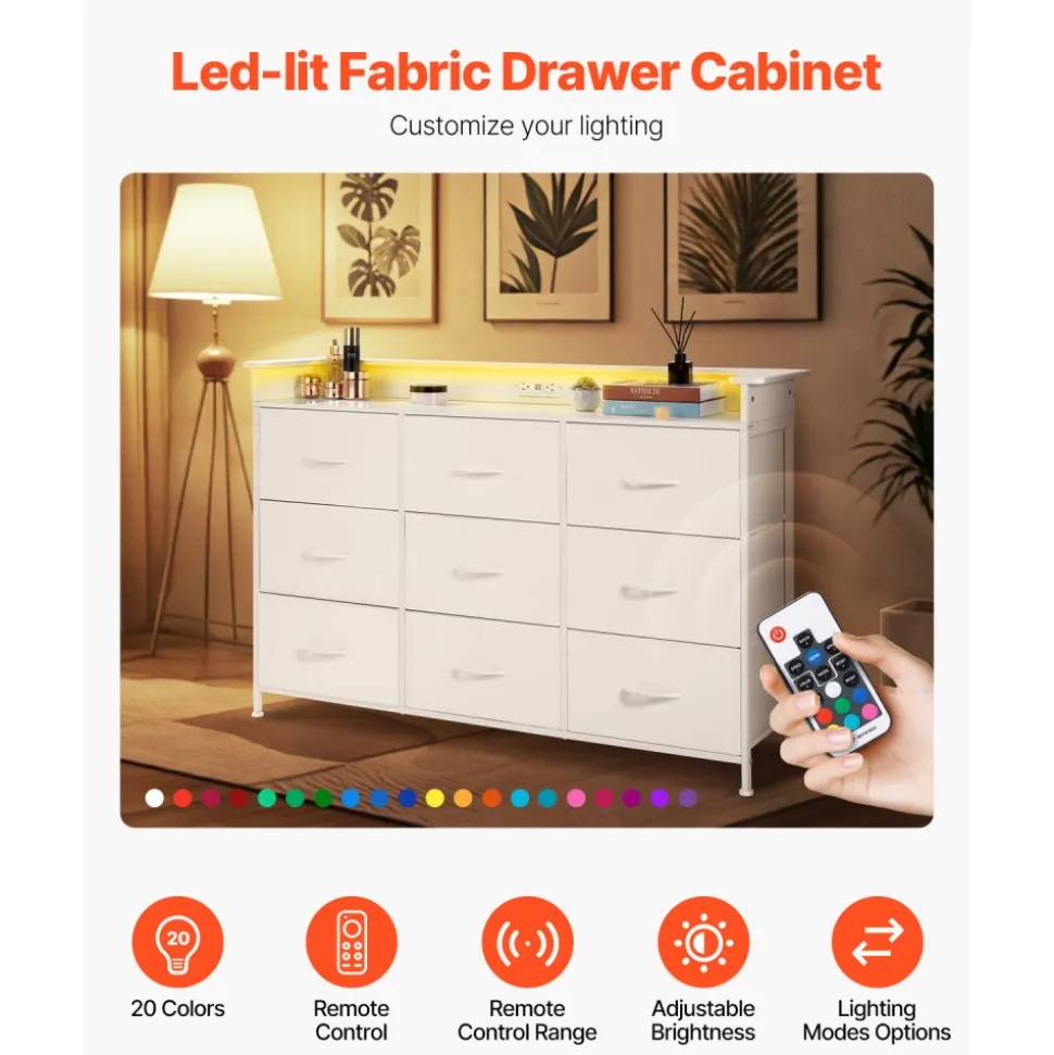VEVOR 9 Drawer Dresser, Fabric Drawer Dresser with Fabric Bin, Storage Drawers with Sturdy Metal Frame, LED Lights & Built-in Outlet, Fabric Storage Tower for Bedroom, Hallway, White