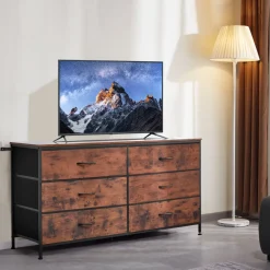 VEVOR 6 Drawer Dresser, Tall Chest Organizer Drawer Dresser, TV Stand with Storage, Closet Storage Drawers with Sturdy Steel Frame, Fabric Storage Tower for Bedroom, Hallway, Closet, Rustic Brown