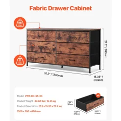 VEVOR 6 Drawer Dresser, Tall Chest Organizer Drawer Dresser, TV Stand with Storage, Closet Storage Drawers with Sturdy Steel Frame, Fabric Storage Tower for Bedroom, Hallway, Closet, Rustic Brown