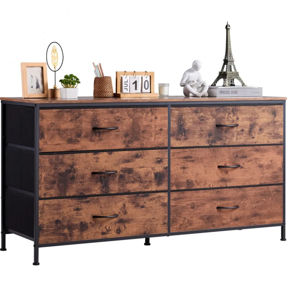 VEVOR 6 Drawer Dresser, Tall Chest Organizer Drawer Dresser, TV Stand with Storage, Closet Storage Drawers with Sturdy Steel Frame, Fabric Storage Tower for Bedroom, Hallway, Closet, Rustic Brown