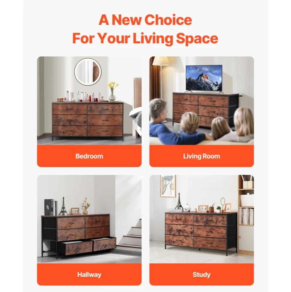 VEVOR 6 Drawer Dresser, Tall Chest Organizer Drawer Dresser, TV Stand with Storage, Closet Storage Drawers with Sturdy Steel Frame, Fabric Storage Tower for Bedroom, Hallway, Closet, Rustic Brown