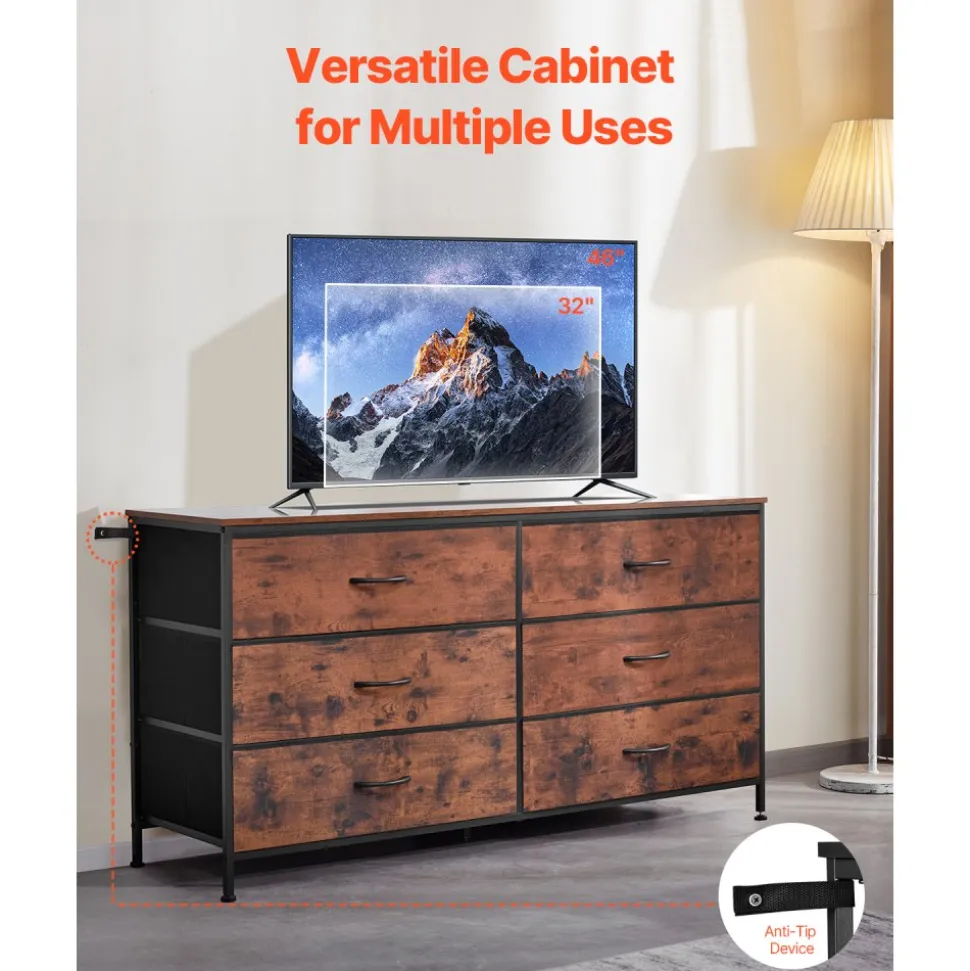 VEVOR 6 Drawer Dresser, Tall Chest Organizer Drawer Dresser, TV Stand with Storage, Closet Storage Drawers with Sturdy Steel Frame, Fabric Storage Tower for Bedroom, Hallway, Closet, Rustic Brown