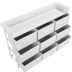 VEVOR 9 Drawer Dresser, Tall Drawer Dresser with Fabric Bin, Closet Storage Drawers with Sturdy Metal Frame, LED Lights & Built-in Outlet, Fabric Storage Tower for Bedroom, Hallway, Closet, White