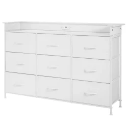 VEVOR 9 Drawer Dresser, Tall Drawer Dresser with Fabric Bin, Closet Storage Drawers with Sturdy Metal Frame, LED Lights & Built-in Outlet, Fabric Storage Tower for Bedroom, Hallway, Closet, White