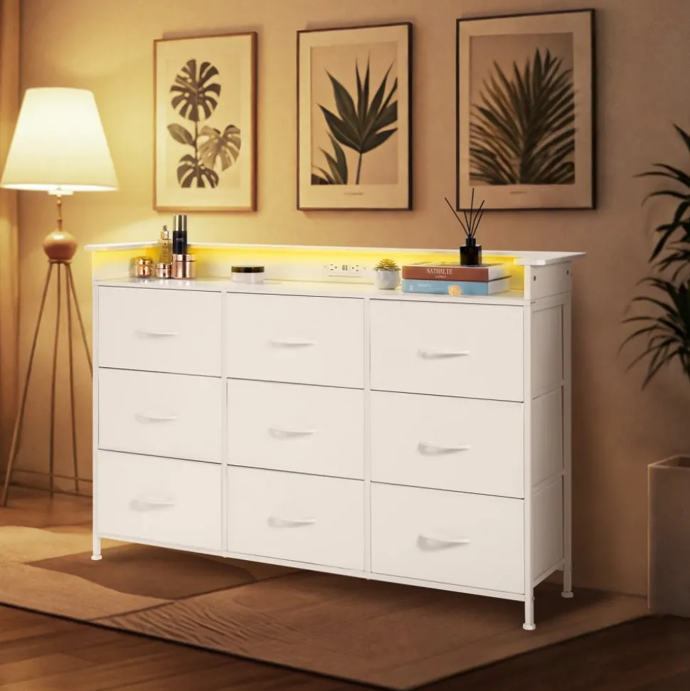 VEVOR 9 Drawer Dresser, Tall Drawer Dresser with Fabric Bin, Closet Storage Drawers with Sturdy Metal Frame, LED Lights & Built-in Outlet, Fabric Storage Tower for Bedroom, Hallway, Closet, White