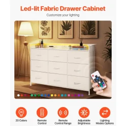 VEVOR 9 Drawer Dresser, Tall Drawer Dresser with Fabric Bin, Closet Storage Drawers with Sturdy Metal Frame, LED Lights & Built-in Outlet, Fabric Storage Tower for Bedroom, Hallway, Closet, White