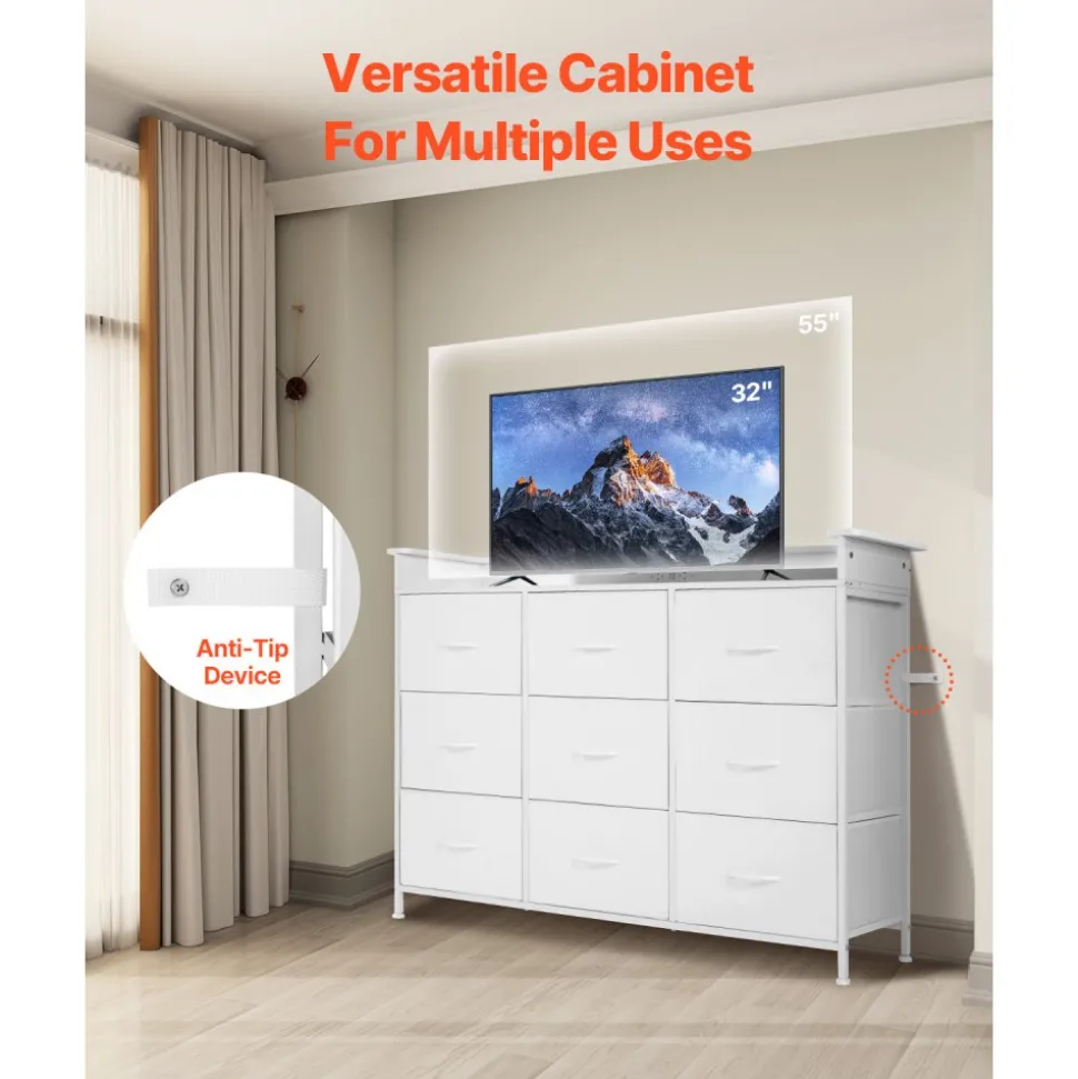 VEVOR 9 Drawer Dresser, Tall Drawer Dresser with Fabric Bin, Closet Storage Drawers with Sturdy Metal Frame, LED Lights & Built-in Outlet, Fabric Storage Tower for Bedroom, Hallway, Closet, White