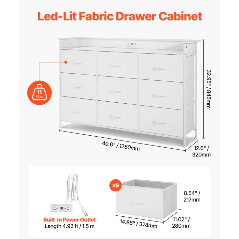 VEVOR 9 Drawer Dresser, Tall Drawer Dresser with Fabric Bin, Closet Storage Drawers with Sturdy Metal Frame, LED Lights & Built-in Outlet, Fabric Storage Tower for Bedroom, Hallway, Closet, White