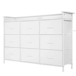 VEVOR 9 Drawer Dresser, Tall Drawer Dresser with Fabric Bin, Closet Storage Drawers with Sturdy Metal Frame, LED Lights & Built-in Outlet, Fabric Storage Tower for Bedroom, Hallway, Closet, White