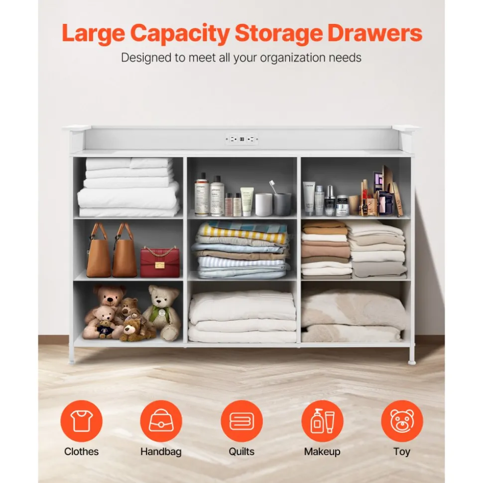 VEVOR 9 Drawer Dresser, Tall Drawer Dresser with Fabric Bin, Closet Storage Drawers with Sturdy Metal Frame, LED Lights & Built-in Outlet, Fabric Storage Tower for Bedroom, Hallway, Closet, White