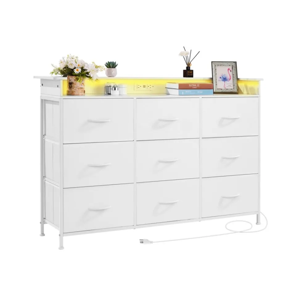 VEVOR 9 Drawer Dresser, Tall Drawer Dresser with Fabric Bin, Closet Storage Drawers with Sturdy Metal Frame, LED Lights & Built-in Outlet, Fabric Storage Tower for Bedroom, Hallway, Closet, White