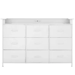 VEVOR 9 Drawer Dresser, Tall Drawer Dresser with Fabric Bin, Closet Storage Drawers with Sturdy Metal Frame, LED Lights & Built-in Outlet, Fabric Storage Tower for Bedroom, Hallway, Closet, White