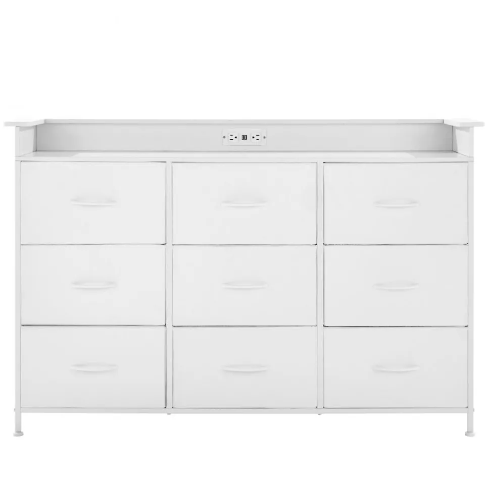 VEVOR 9 Drawer Dresser, Tall Drawer Dresser with Fabric Bin, Closet Storage Drawers with Sturdy Metal Frame, LED Lights & Built-in Outlet, Fabric Storage Tower for Bedroom, Hallway, Closet, White