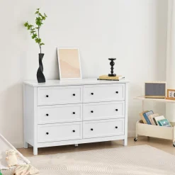 VEVOR 6 Drawer Dresser, Wooden Chest of Drawers with Sliding and Anti-tip Device, Retro Minimalist Dresser Chest, Closet Storage TV Stand Organizer for Living Room, Hallway, Bedroom, Entryway, White