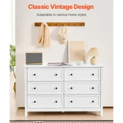 VEVOR 6 Drawer Dresser, Wooden Chest of Drawers with Sliding and Anti-tip Device, Retro Minimalist Dresser Chest, Closet Storage TV Stand Organizer for Living Room, Hallway, Bedroom, Entryway, White